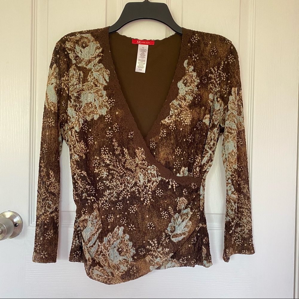 Anne Klein Earthy Floral Wrap Blouse